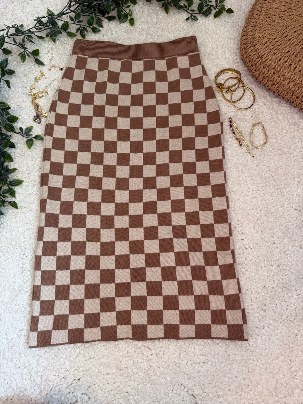 Polagram Brown & Cream Check Knit Pencil Skirt